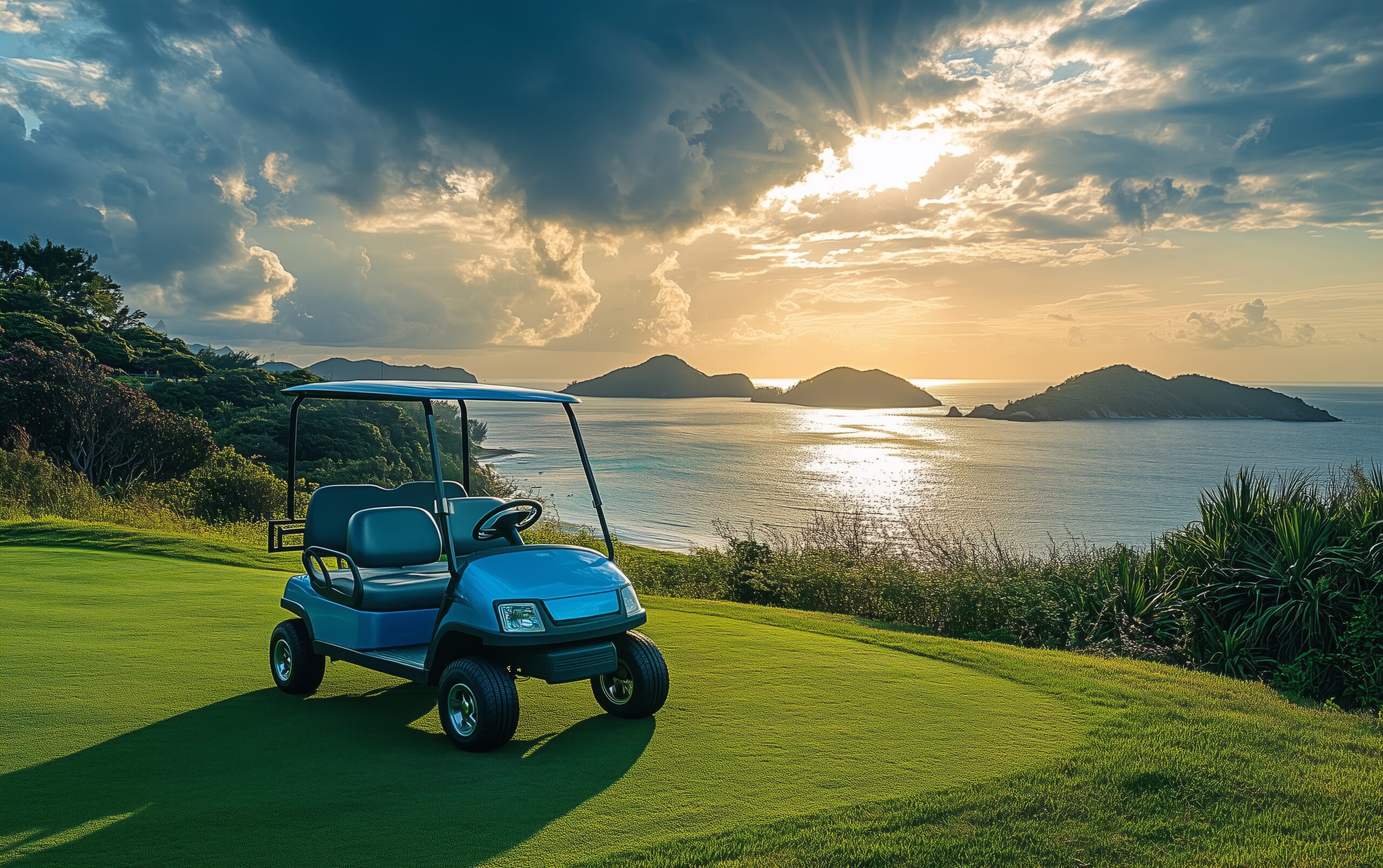 Golf cart parked on green grass by the ocean during sunset in a coastal location